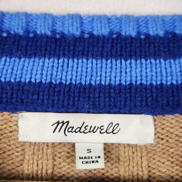 Madewell Tipped V-Neck Oversized Sweater in Tan With Blue V-Neck SZ SM Wool Blnd - Picture 4 of 13